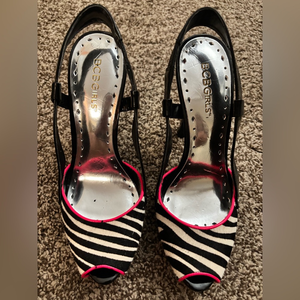 BCBGirls Zebra Print Peep Toe Heels with Pink Trim